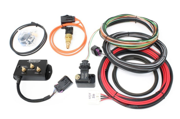 Aeromotive VaporWorx Ford Coyote fuel pump controller kit with pulse width modulation and wiring components shown.