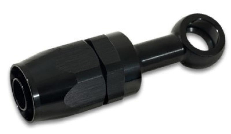 Vibrant black aluminum -8AN banjo hose end fitting with M10 or 3/8 inch banjo bolt for automotive fluid connections.