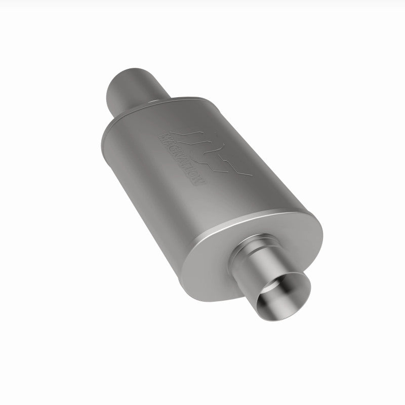 MagnaFlow muffler with tip, model RS 14X5X8, featuring a polished exhaust tip on a vehicle.