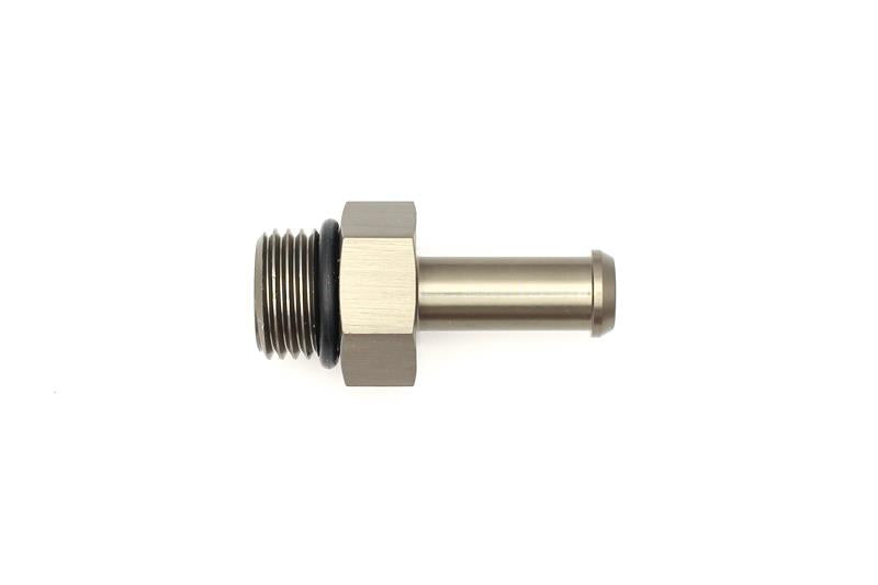 DeatschWerks 6AN ORB male to 5/16 inch barb fitting with O-ring, showing the fitting's metal construction and threaded connections.