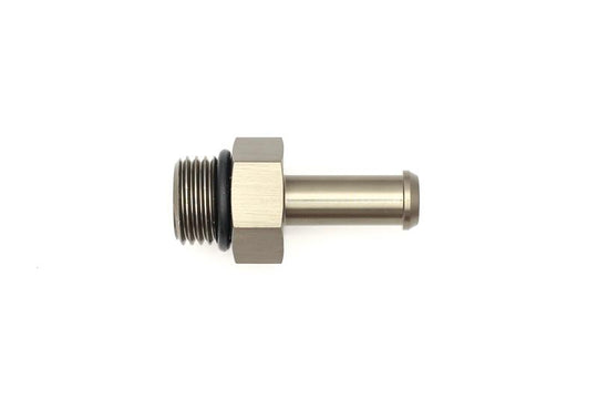 DeatschWerks 6AN ORB male to 5/16 inch barb fitting with O-ring, showing the fitting's metal construction and threaded connections.