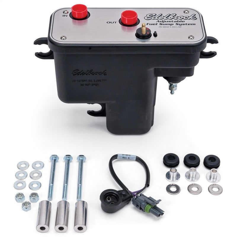 Edelbrock universal fuel sump tank with adjustable fuel sump module and 255 LPH capacity for fuel system enhancement.