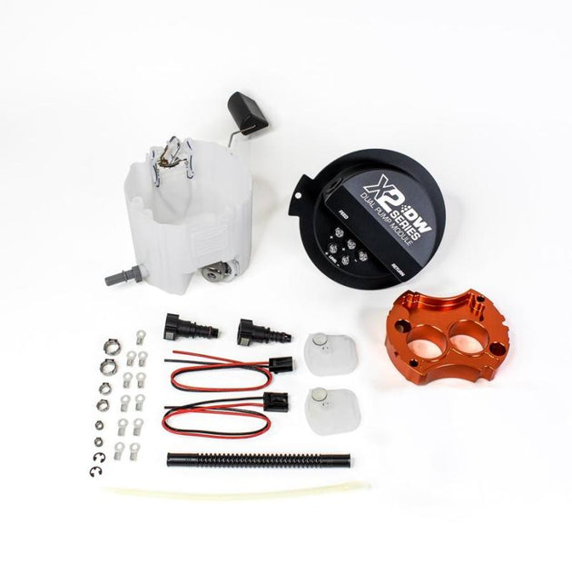 DeatschWerks 10-15 Chevy Camaro LS 3.7 V6/SS LS3 X2 Series fuel pump module showing the pump and wiring components.