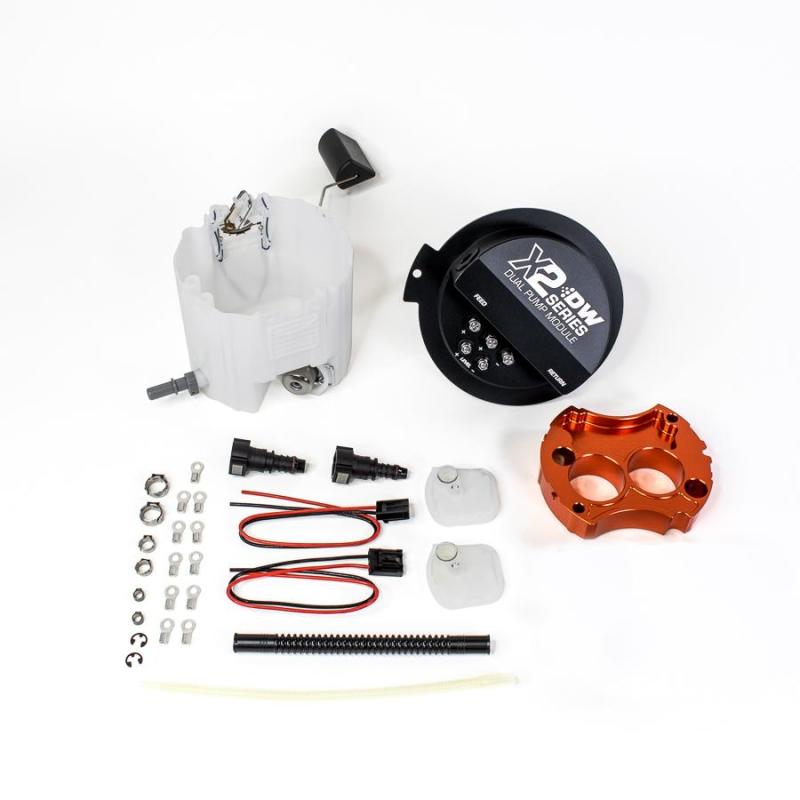 DeatschWerks 10-15 Chevy Camaro LS 3.7 V6/SS LS3 X2 Series fuel pump module showing the pump and wiring components.
