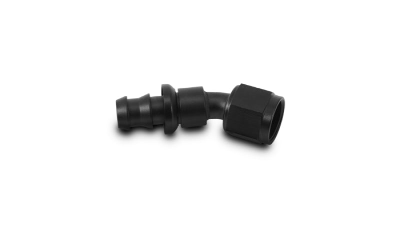 Vibrant 30-degree push-on hose end elbow fitting -4AN for automotive or fluid connections, showcasing a bright metallic finish.