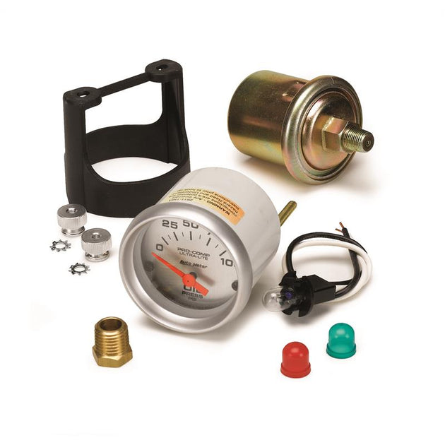 AutoMeter Ultra-Lite 52mm electronic oil pressure gauge displaying 0-100 PSI with a black face and silver bezel.