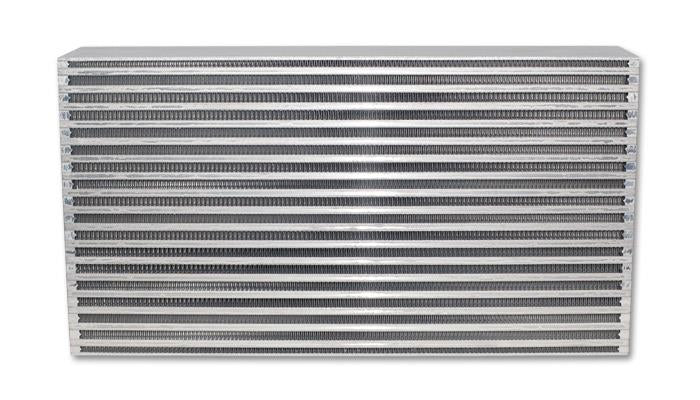 Vibrant air-to-air intercooler core, 22x11.8 inches, with aluminum fins and tubes for efficient cooling.