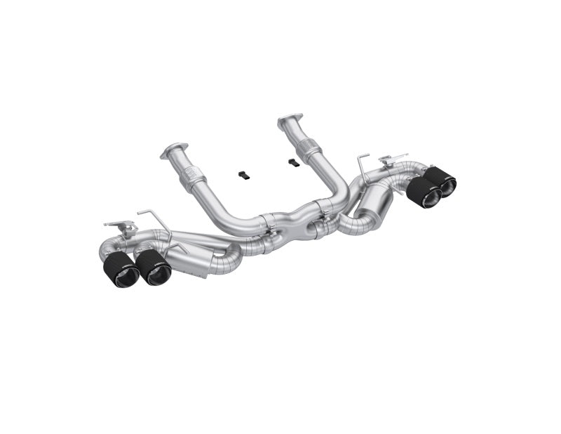 MBRP catback exhaust system for Chevrolet Corvette C8 20-24 with quad split rear exit and AFM sims, featuring polished metal tips.