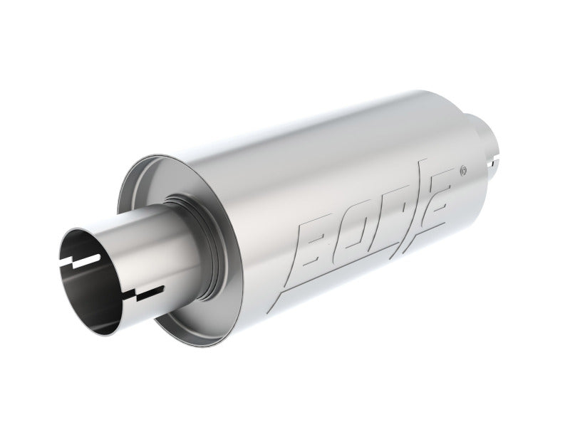 Borla S-Type Muffler with 2.5-inch inlet and outlet, 5-inch round body with notch, designed for high-performance exhaust systems.