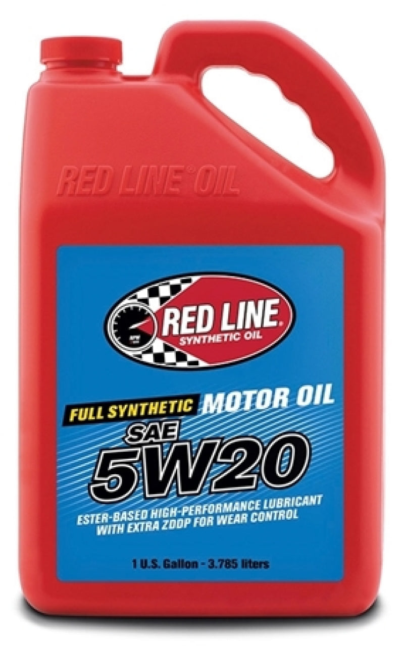 Red Line 5W20 motor oil gallon container with label showing brand and product details, suitable for vehicle engine lubrication.