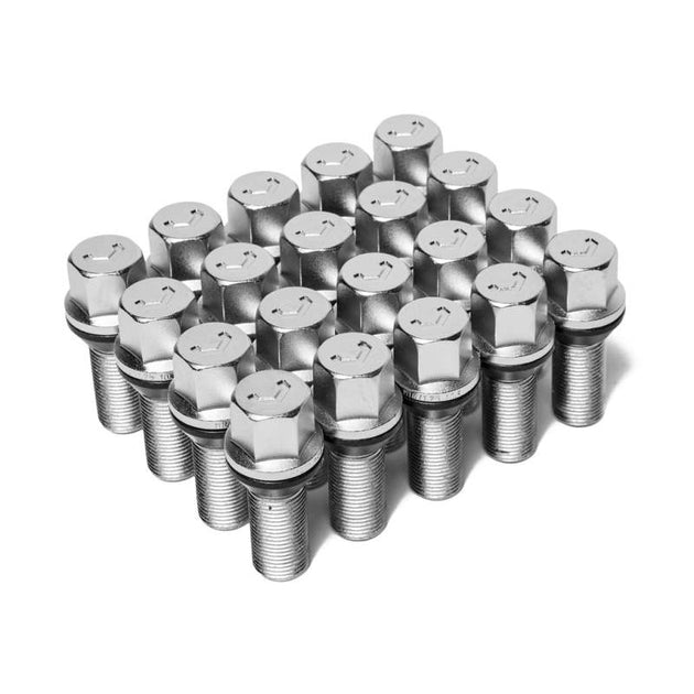 Set of 20 Vossen silver wheel lug bolts, 14x1.5 thread, 30mm length, 17mm hex, cone seat for car wheels.