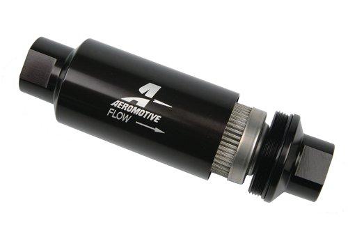 Aeromotive AN-10 black in-line fuel filter with 100 micron filtration, designed for high-performance automotive fuel systems.