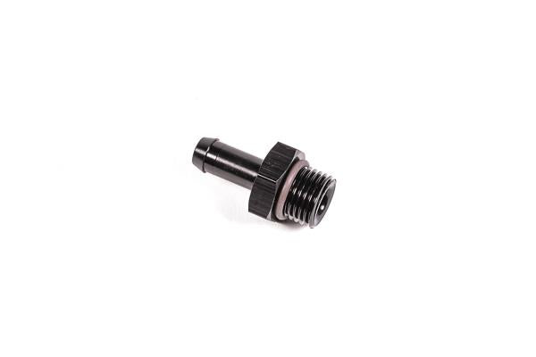 Radium Engineering 6AN ORB to 5/16-inch barb fitting, metal construction, shown with threaded and barbed ends for fuel or oil lines.