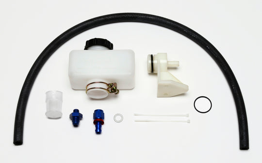 Wilwood compact remote brake master cylinder reservoir kit with fittings, 10.7 oz. capacity, for automotive braking systems.