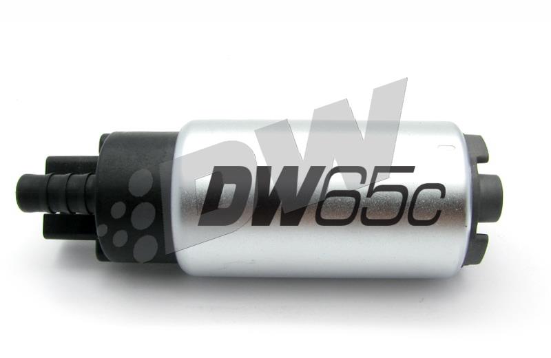 DeatschWerks DW65C 265 LPH compact fuel pump with mounting clips, shown close-up of the pump and components.