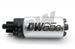 DeatschWerks DW65C 265 LPH compact fuel pump with mounting clips, shown close-up of the pump and components.