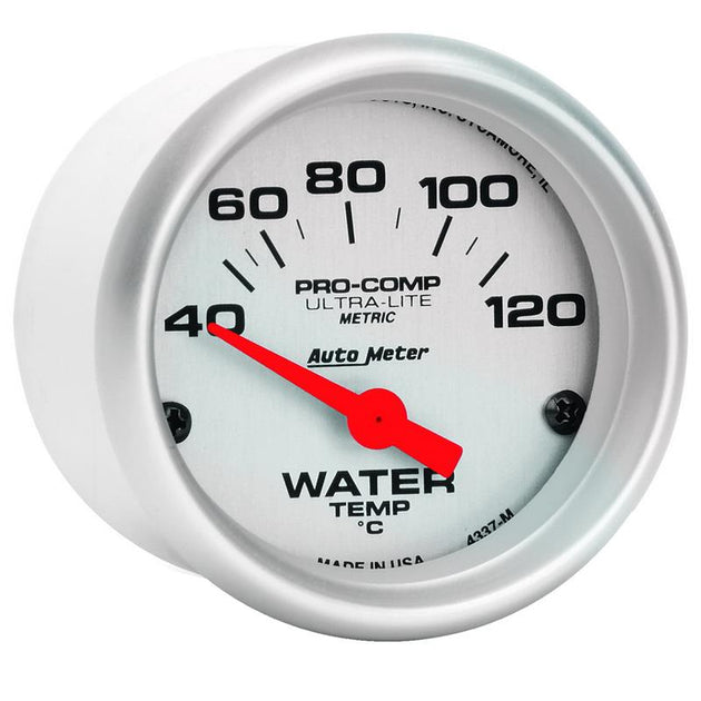 AutoMeter Ultra-Lite 52mm water temperature gauge with short sweep dial, displaying temperature range 40-120°C, for automotive use.