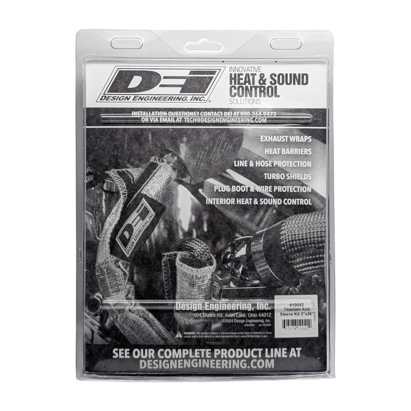 DEI Titanium 3-inch knit exhaust wrap sleeve, 36 inches long, designed to insulate and protect exhaust systems in automotive applications.
