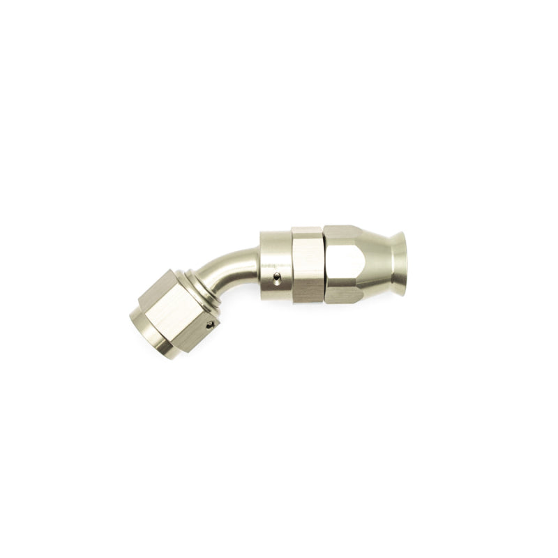 DeatschWerks 6AN female swivel 45-degree hose end fitting with PTFE and olive insert for fuel or fluid transfer.