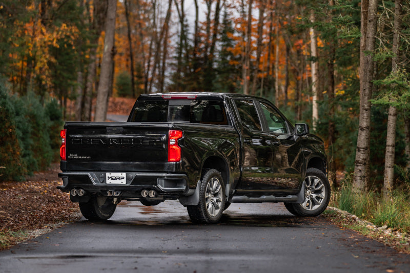 MBRP catback exhaust system for Chevrolet Silverado 1500 5.3L with carbon fiber tips and 3-inch pipe, stainless T304 construction.