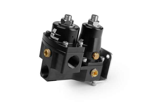 Aeromotive EFI to carburetor fuel pressure regulator with metal body and inlet/outlet fittings for automotive fuel systems.