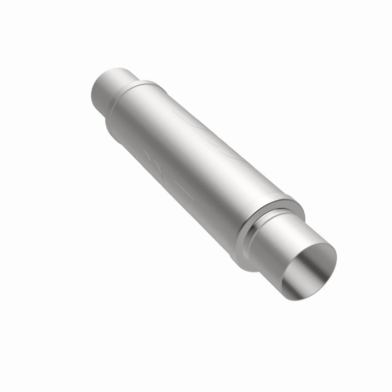 MagnaFlow Mag SS 4x4x14 muffler, stainless steel automotive exhaust component, with visible inlet and outlet pipes.