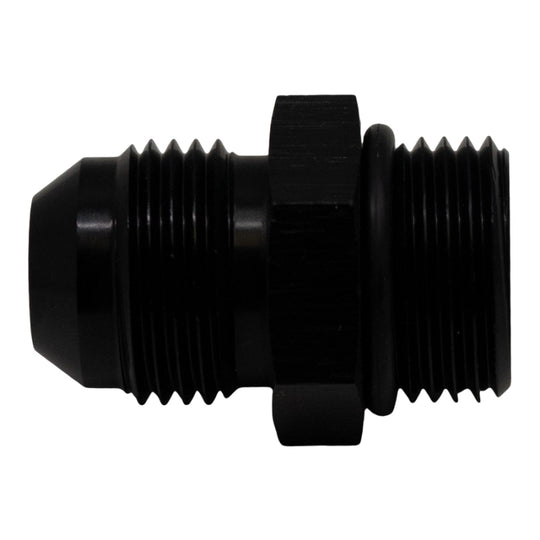 DeatschWerks matte black 8AN ORB male to 8AN male flare fitting with O-ring for fluid transfer applications.