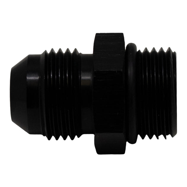 DeatschWerks matte black 8AN ORB male to 8AN male flare fitting with O-ring for fluid transfer applications.