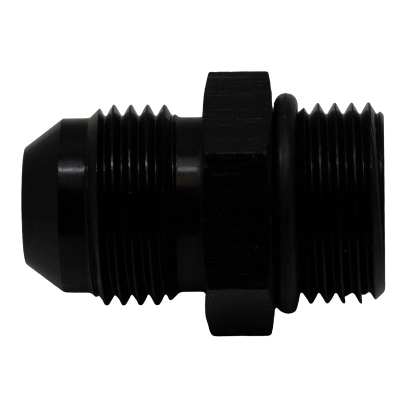 DeatschWerks matte black 8AN ORB male to 8AN male flare fitting with O-ring for fluid transfer applications.