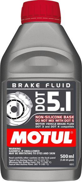 Motul 1/2L Brake Fluid DOT 5.1 container with label, used for vehicle braking systems and hydraulic brake applications.