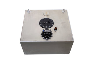 Aeromotive TRV 15-gallon brushless spur fuel cell with fuel system components, black and metal finish, in a workshop setting.