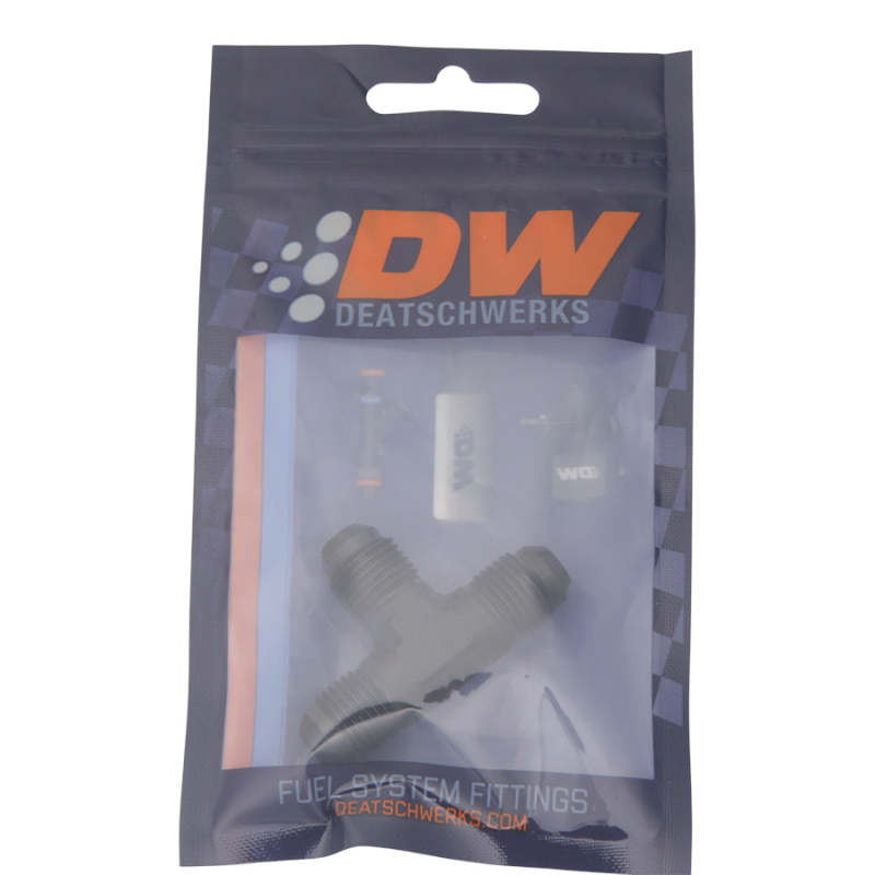DeatschWerks matte black 6AN flare-to-flare-to-flare tee fitting for fuel lines and fluid connections, high-quality automotive fittings.