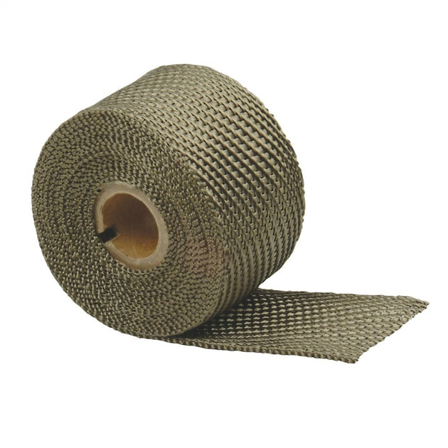 DEI Titanium Exhaust Wrap 2in x 25ft wrapped around a car exhaust pipe, showcasing heat-resistant material for automotive performance.