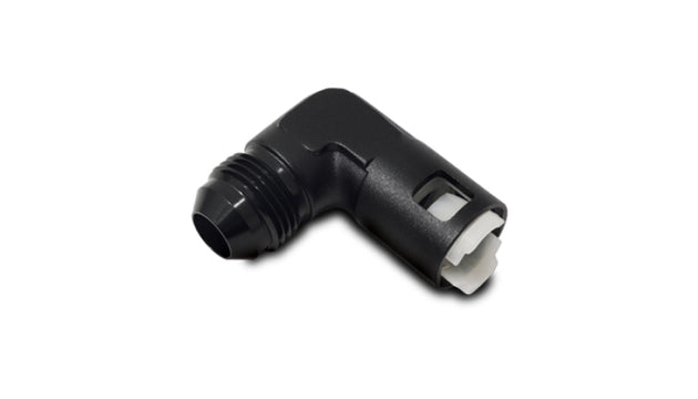 Vibrant 90-degree aluminum AN to female quick connect fitting for -6AN hoses, with 0.375-inch hose size, automotive performance part