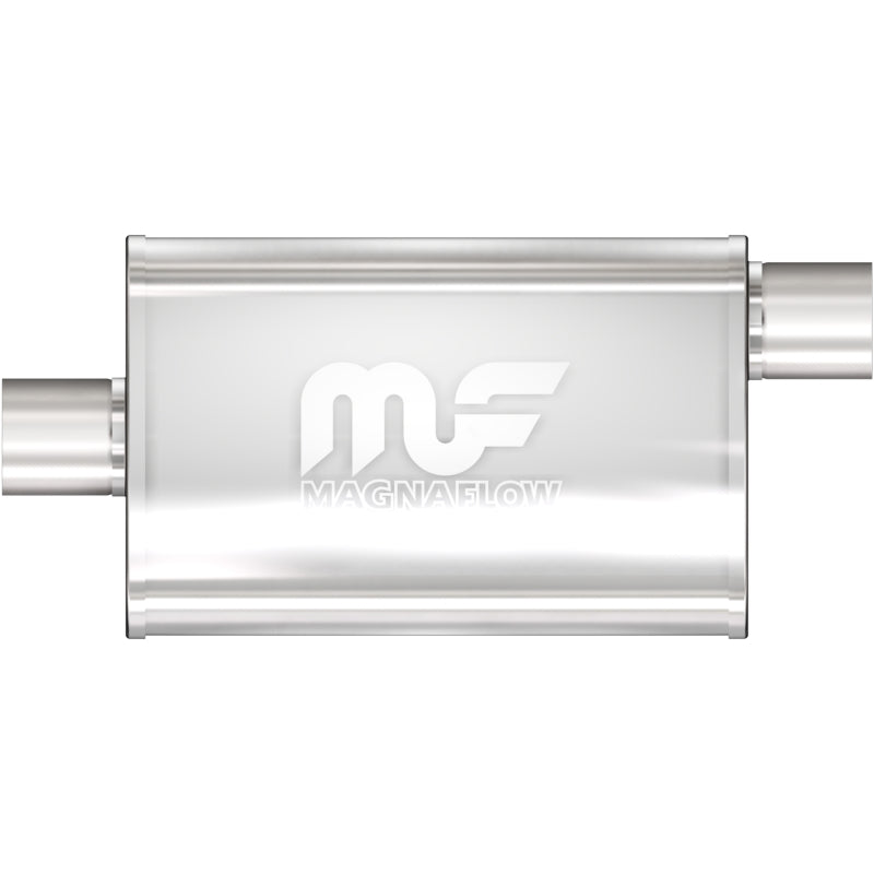 MagnaFlow Mag SS muffler with 14x4x9-inch dimensions, featuring dual outlet outlets, installed on a vehicle.