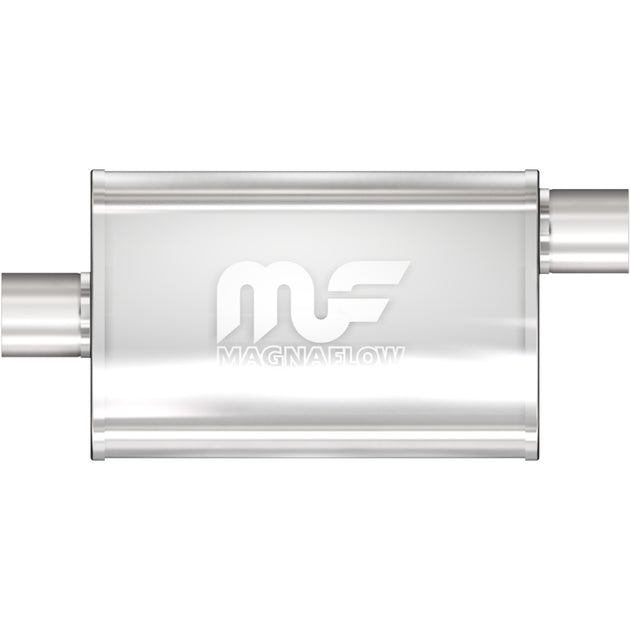 MagnaFlow Mag SS muffler with 14x4x9-inch dimensions, featuring dual outlet outlets, installed on a vehicle.