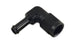 Vibrant black 90-degree hose barb adapter, -6AN to 3/8 inch fitting, anodized for durability and secure connection.