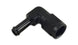 Vibrant black 90-degree hose barb adapter, -6AN to 3/8 inch fitting, anodized for durability and secure connection.