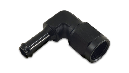 Vibrant black anodized -8AN to 3/8 inch hose barb 90-degree fitting for fluid connections, showing smooth finish and angled design.