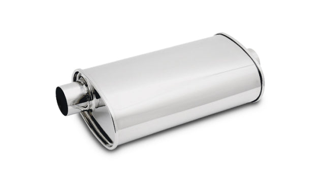 Vibrant StreetPower oval muffler with 2-inch inlet and dual outlet, center inlet, offset outlet, designed for automotive exhaust systems.