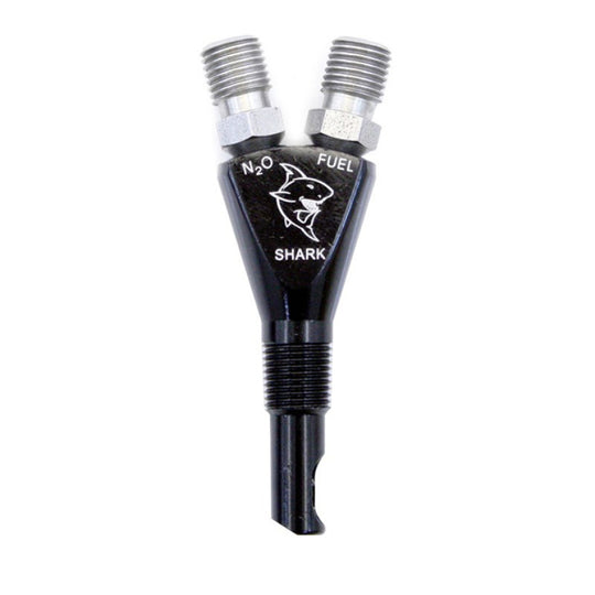 Nitrous Express Shark Nozzle for nitrous system, showing a sleek metal nozzle with precision-engineered design.