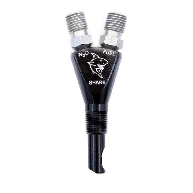Nitrous Express Shark Nozzle for nitrous system, showing a sleek metal nozzle with precision-engineered design.