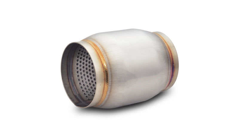 Vibrant SS Race Muffler with 4-inch inlet/outlet and 5-inch length, featuring a sleek metallic exhaust muffler design.