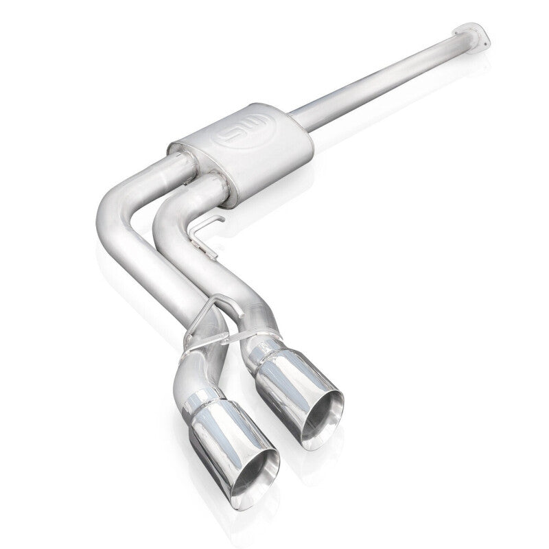 Stainless Works catback exhaust system for 2021+ F-150 Lightning, featuring polished stainless steel pipes and dual exhaust tips.