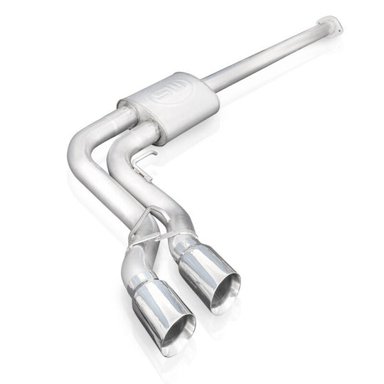 Stainless Works catback exhaust system for 2021+ F-150 Lightning, featuring polished stainless steel pipes and dual exhaust tips.