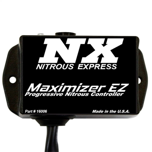 Nitrous Express Maximizer EZ Progressive Nitrous Controller mounted on a vehicle's engine bay, featuring control knobs and wiring.