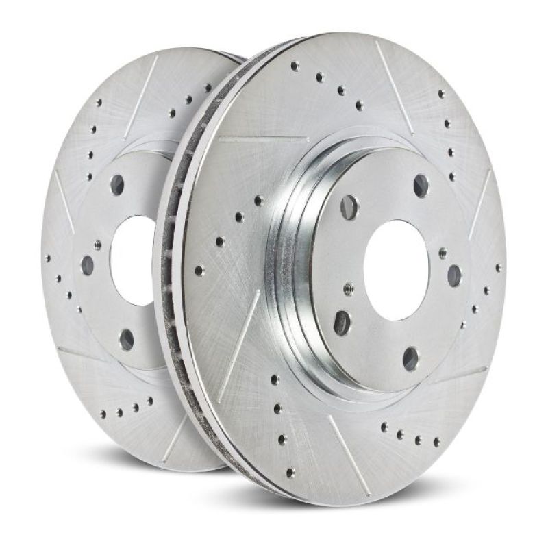 Pair of PowerStop drilled and slotted front brake rotors for Ford F-550 Super Duty trucks, showing detailed drilled and slot design.