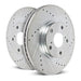 Pair of PowerStop drilled and slotted front brake rotors for Ford F-550 Super Duty trucks, showing detailed drilled and slot design.