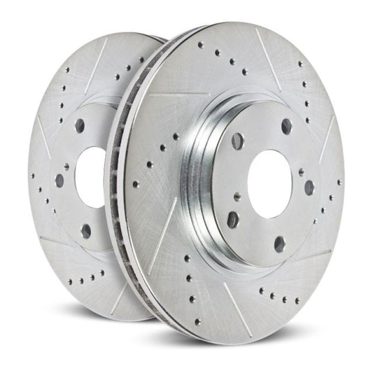 PowerStop drilled and slotted front left brake rotor for Ford F-550 Super Duty, high-performance brake replacement.