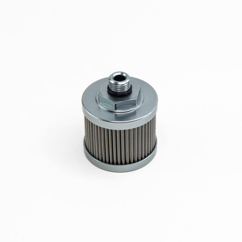 DeatschWerks stainless steel 6AN universal fuel pump pre-filter with 100 micron filtration, designed for automotive fuel systems.